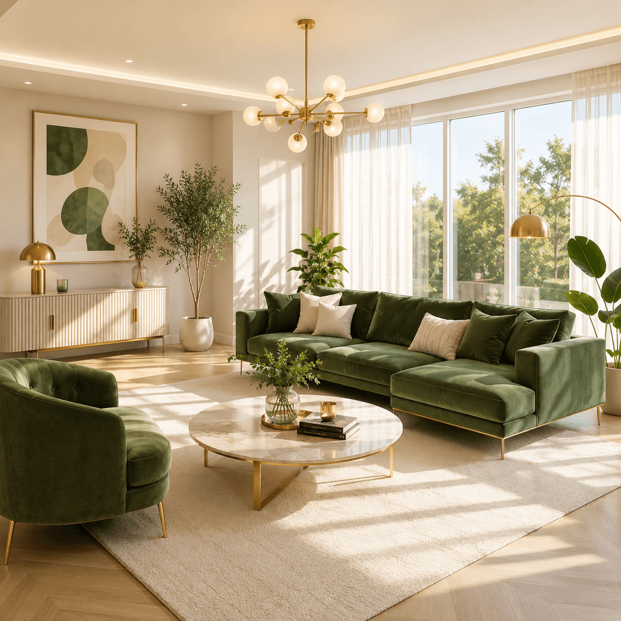 Living luminos cu mobilier verde