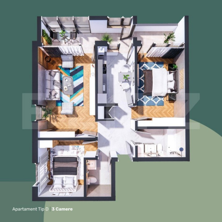 Apartament de 3 camere, decomandat, 2 bai, 76mp, 1 loc de pa