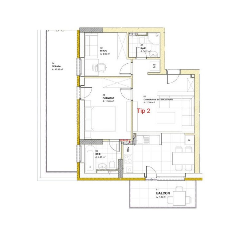 Apartament cu 3 camere, 55,51 mp, terasa 57,52 mp, balcon, z