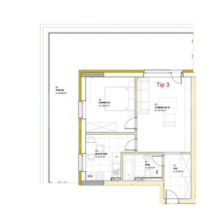 Apartament cu 2 camere, 48.38 mp, terasa 38.98 mp, zona Loui