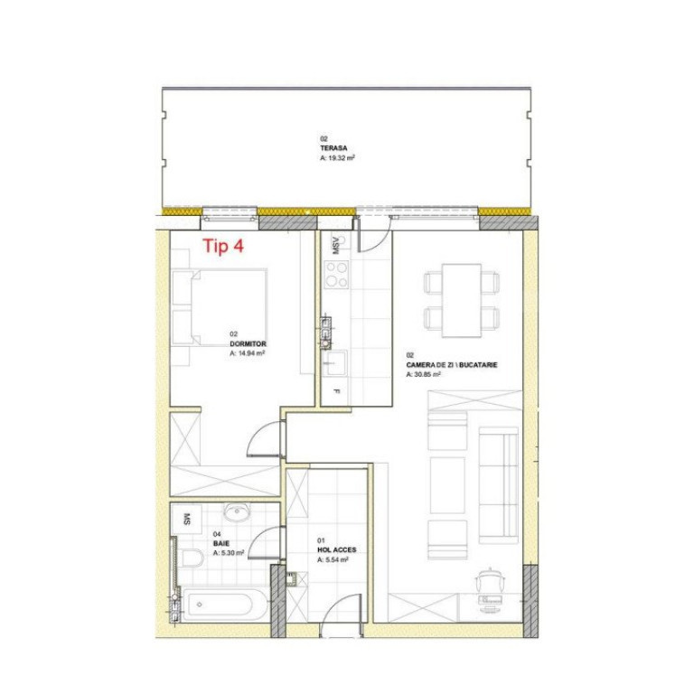 Apartament cu 2 camere, 56.63 mp, terasa 19.32 mp, zona Loui