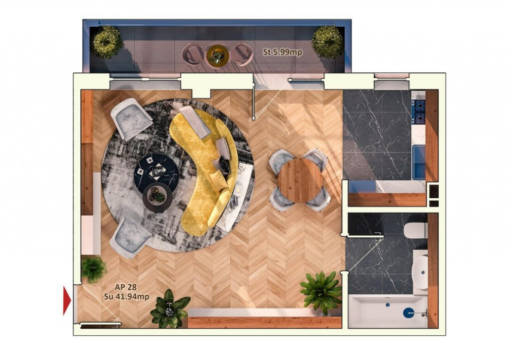 Garsoniera spatioasa de 41 mp, 6 mp balcon, parcare subteran