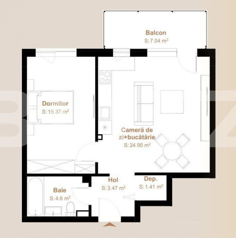 Apartament 2 camere, 49,80 mp + balcon 7,04 mp, zona Vivo