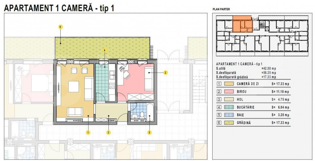Apartament cu 1 camera, 42mp utili, gradina 17mp, Calea Mold