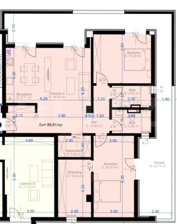 Apartament 3 camere, 99 mp utili,terasa de 43 mp, zona Aradu