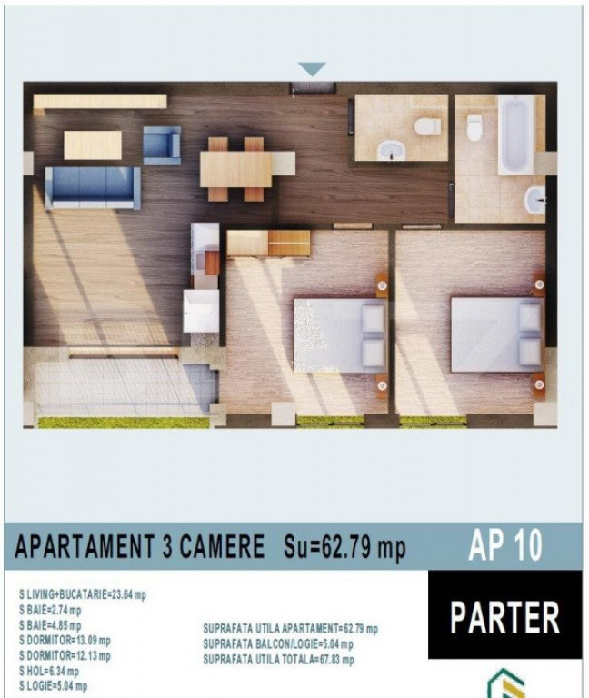 Apartament de 3 camere, 62,79 mp, Calea Moldovei