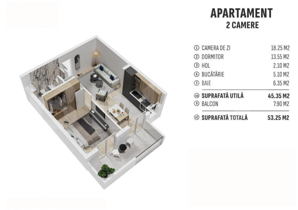 Apartament de 2 camere finisat, 45 mp, cartier rezidential n