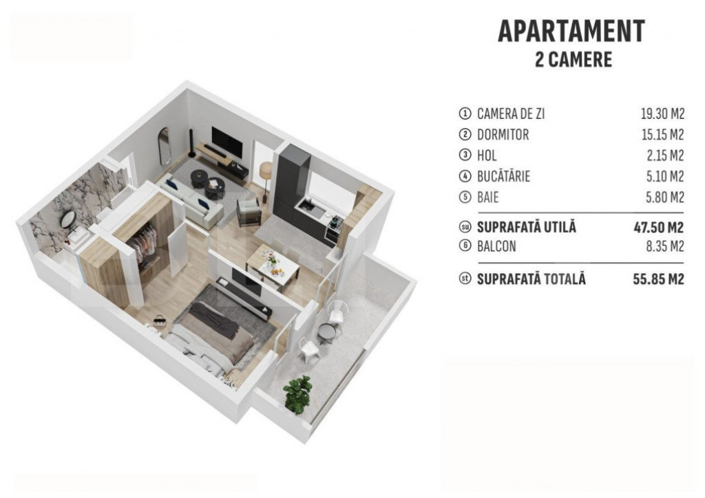 Apartament de 2 camere finisat, 55 mp, cartier rezidential n