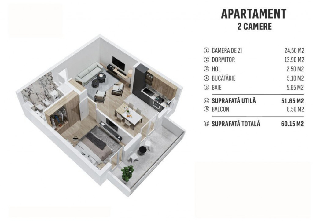 Apartament de 2 camere finisat, 51 mp, cartier rezidential n