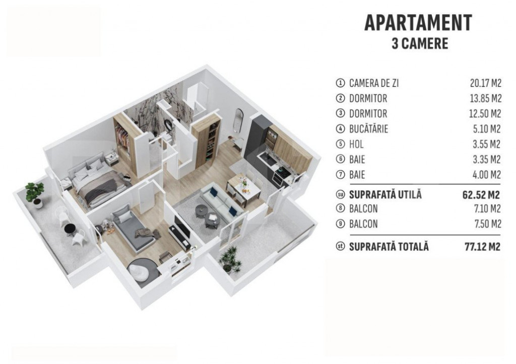 Apartament de 3 camere finisat, 62mp utili, cartier reziden?