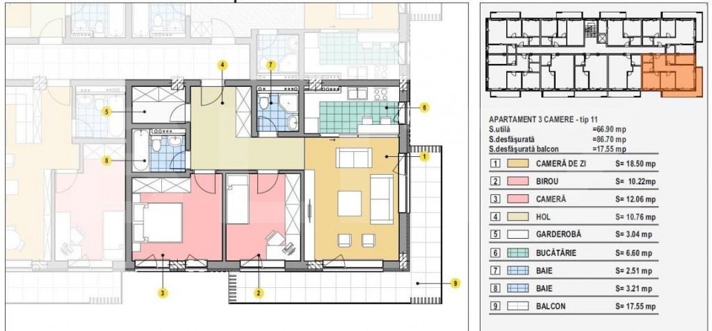 Apartament de 3 camere, 67mp, terasa 18mp, zona Mall