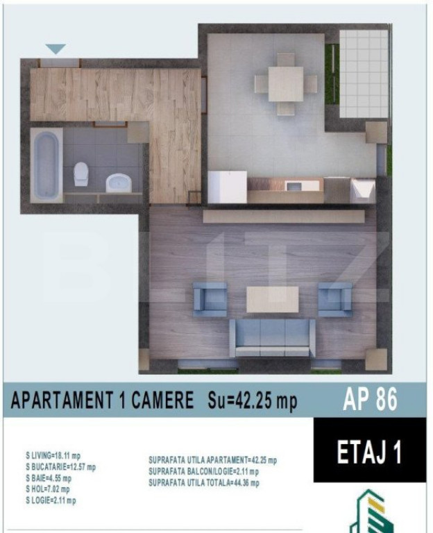 Apartament de 1 camera 42mp utili, bloc nou, Calea Moldovei