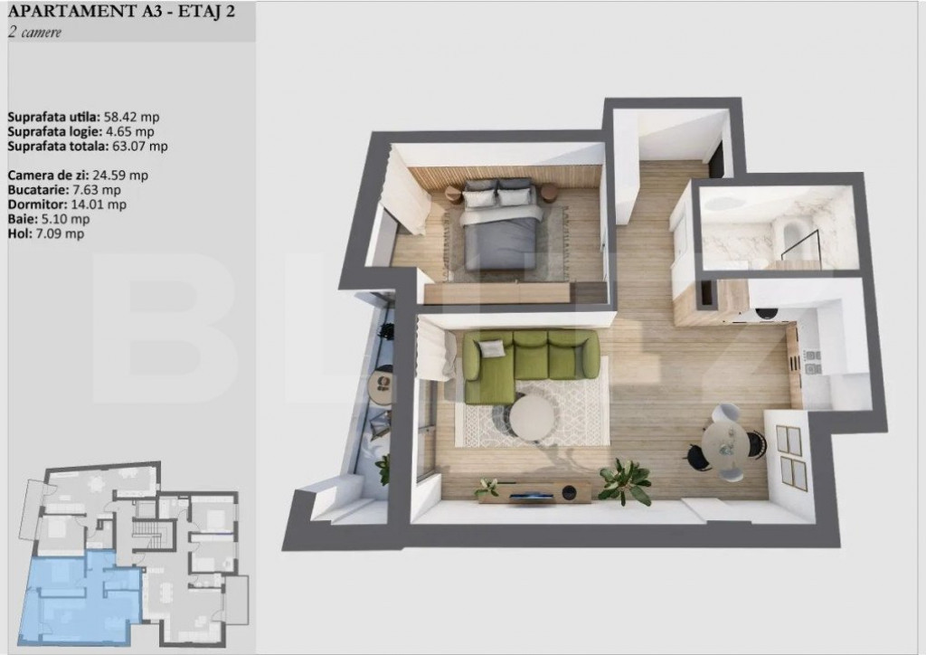 Apartament de 2 camere, bloc premium, etaj intermediar, Zona