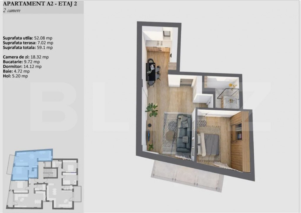 Apartament de 2 camere, bloc premium, etaj intermediar, Zona