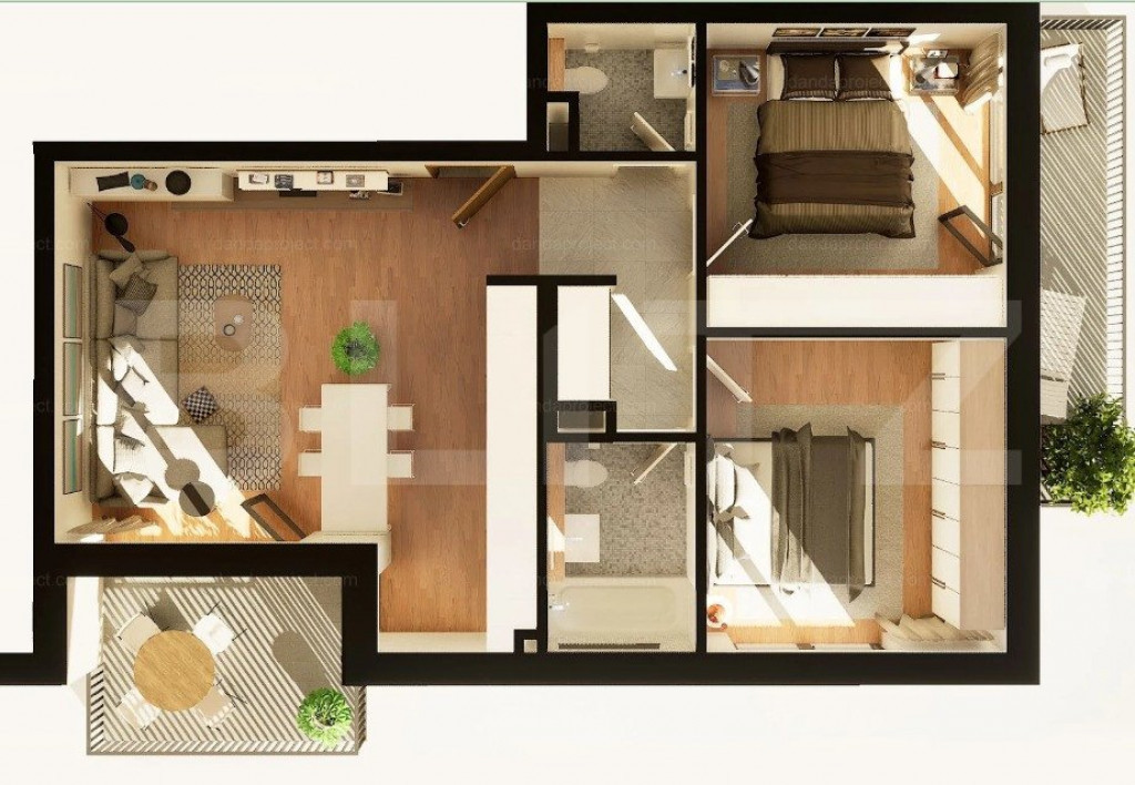 Apartament 3 camere, 67 mp, 2 balcoane, constructie noua, zo