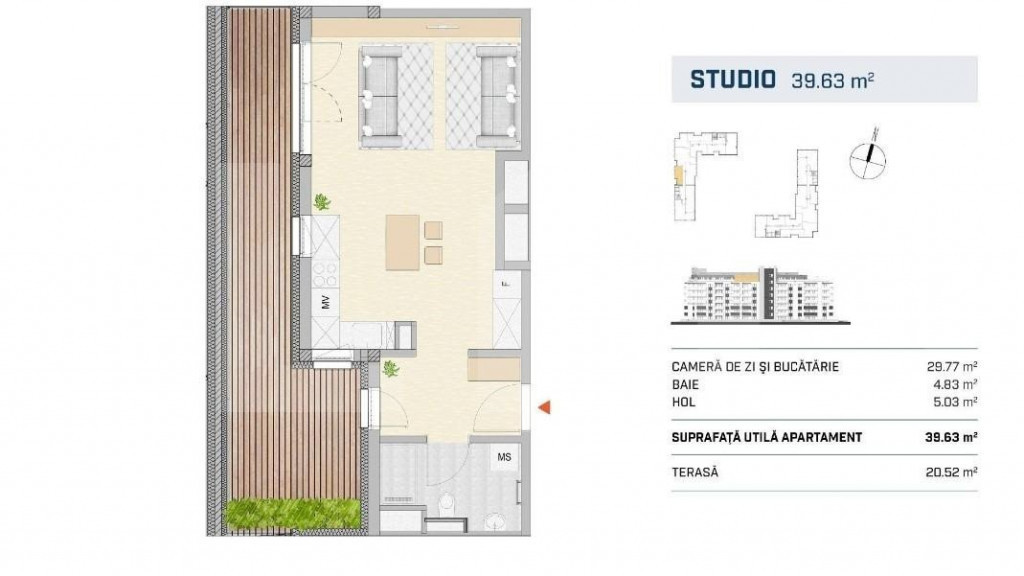 Apartement cu o camera, orientare vestica, terasa generoasa,