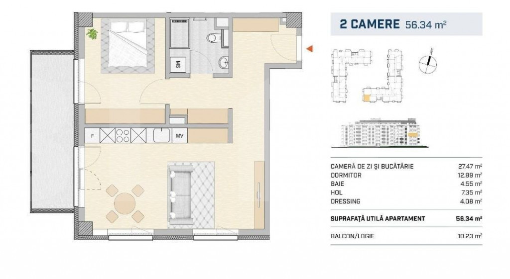 Apartament 2 camere, finisat, orientare SUD-VEST, SEMICENTRA