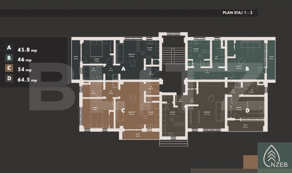 Rate la dezvoltator! Apartamente de 2 camere, 46,5 mp, carti