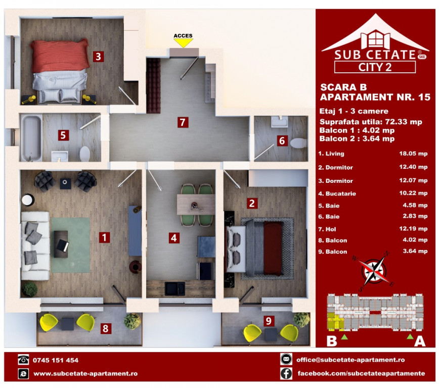 Cel mai mic pret apartament 3 camere, 72 mp utili, etaj 1