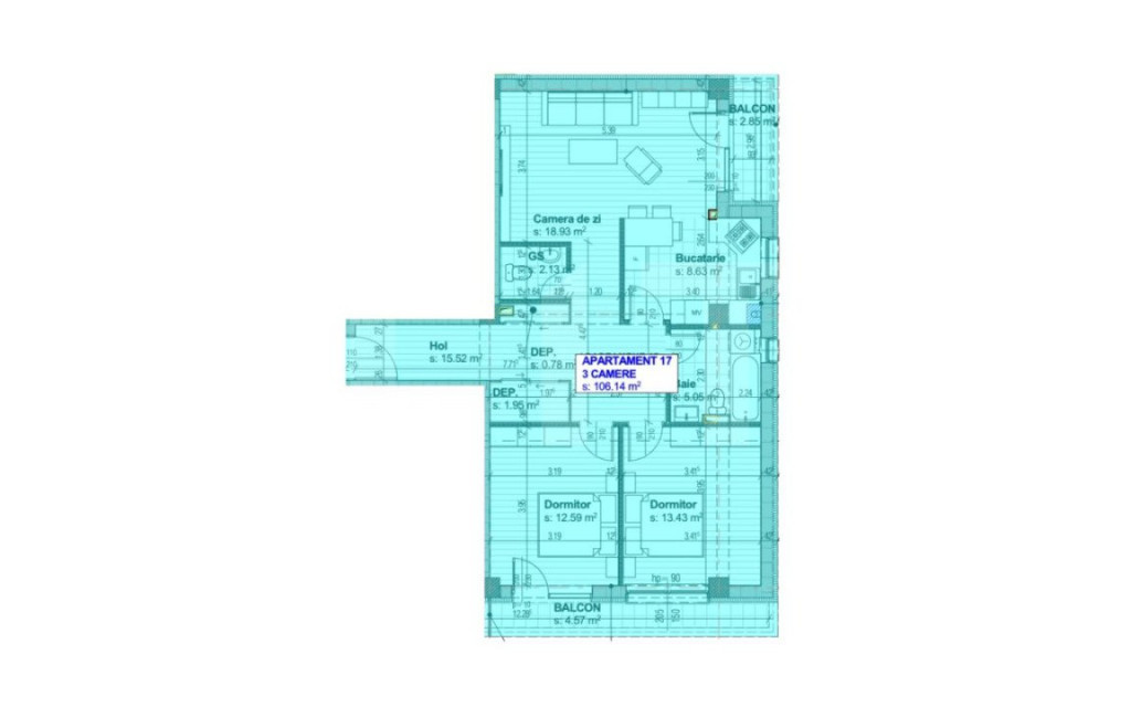 Apartament Nou, 86 mp utili, 3 camere decomandat Bloc Rezide
