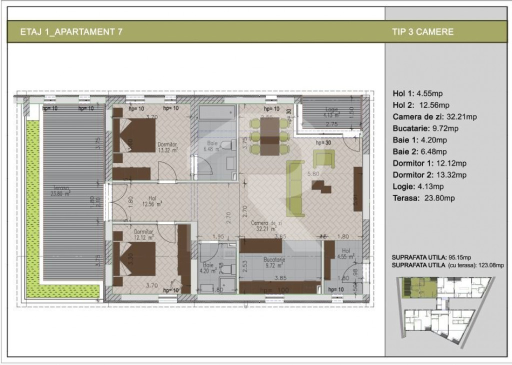 3 camere bloc nou cu tereasa de 24mp, zona Nerva Traian, met