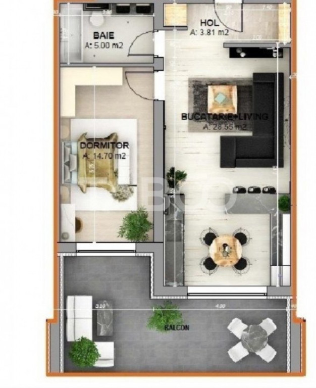 Apartament cu 2 camere 51 mpu balcon de 18 mp cu loc parcare