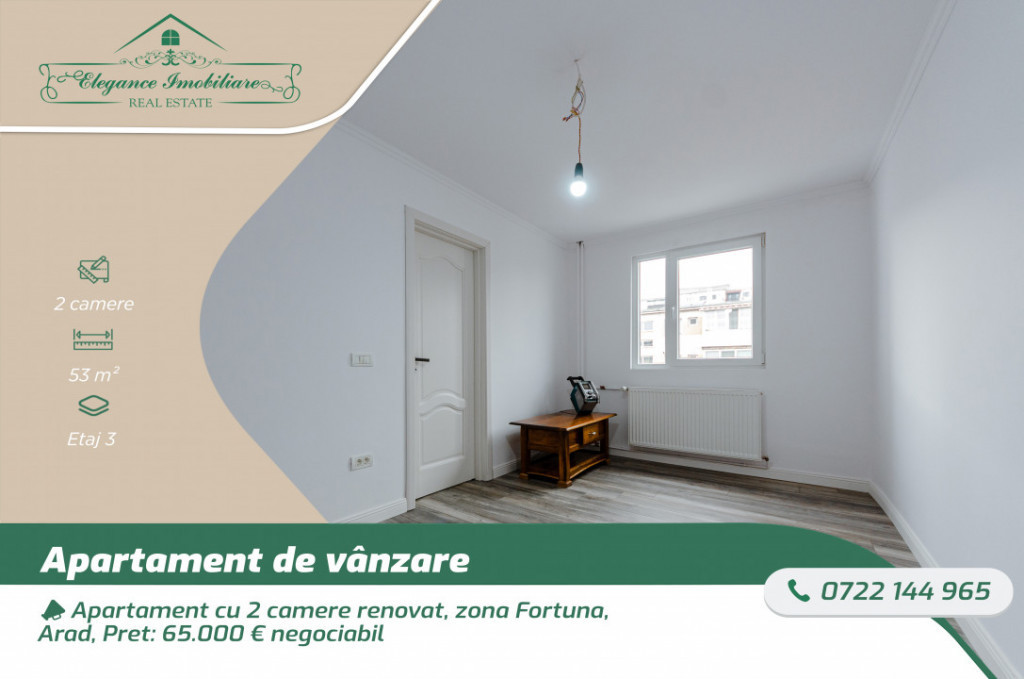 Apartament cu 2 camere renovat, zona Fortuna, Arad