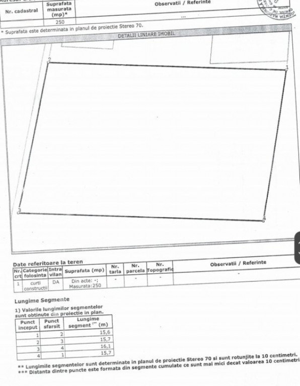 Teren intravilan 250 mp, P+2, POT 50%, CUT 1,50, front 15m,