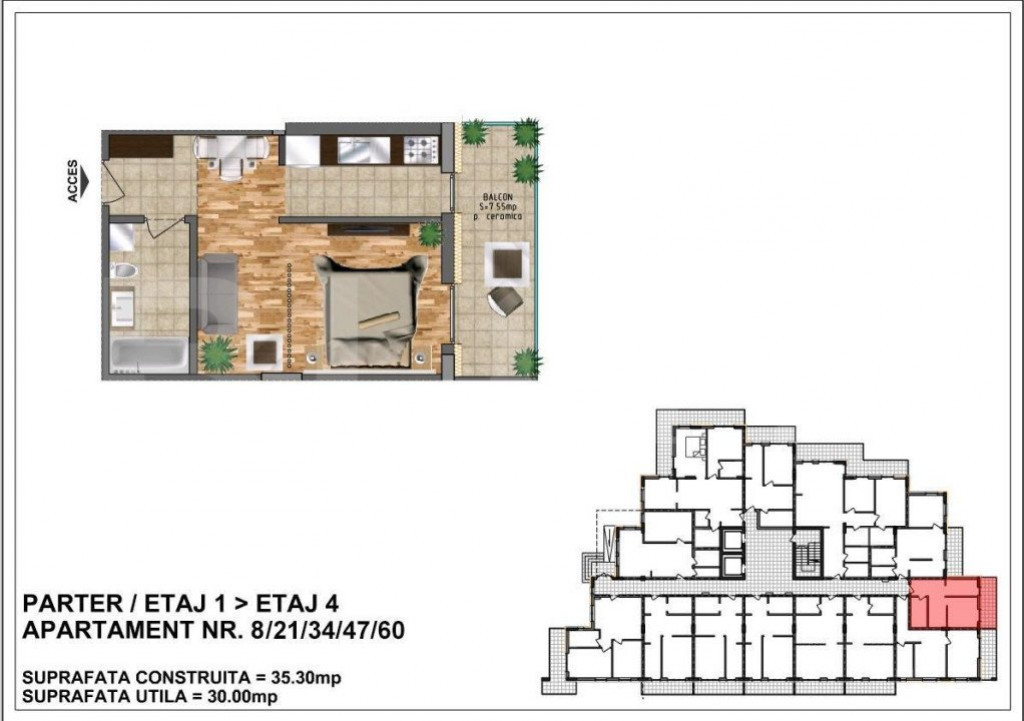 Apartament cu o camera, 31 mp, etaj 1, zona Calea Moldovei