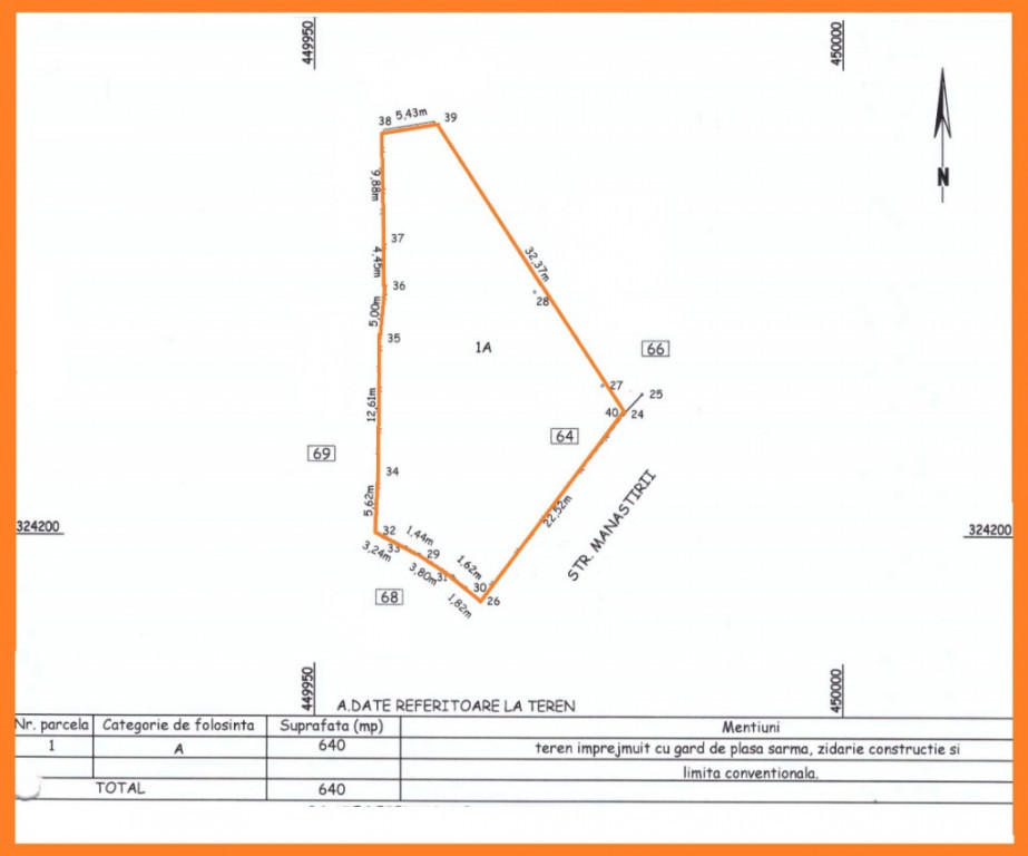 Teren intravilan 640 mp, D = 22,5 m, zona centrala - str. Manastirii