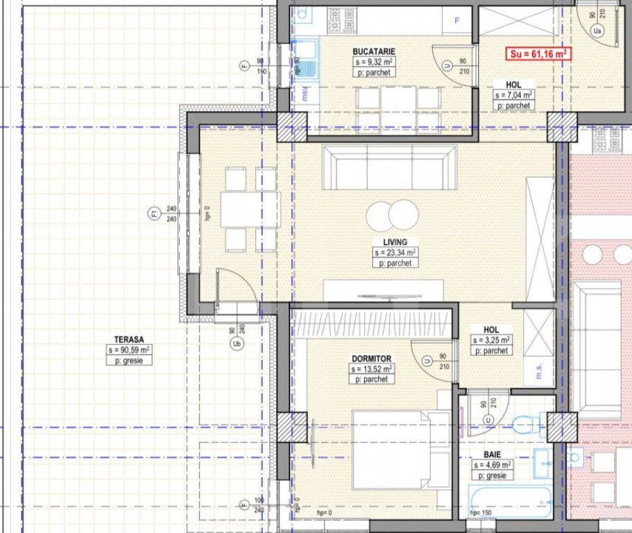 Apartament 3 camere, 61 mp, cu terasa de 91 mp, plata la dez