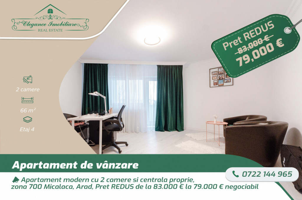 Apartament modern cu 2 camere si centrala proprie, zona 700