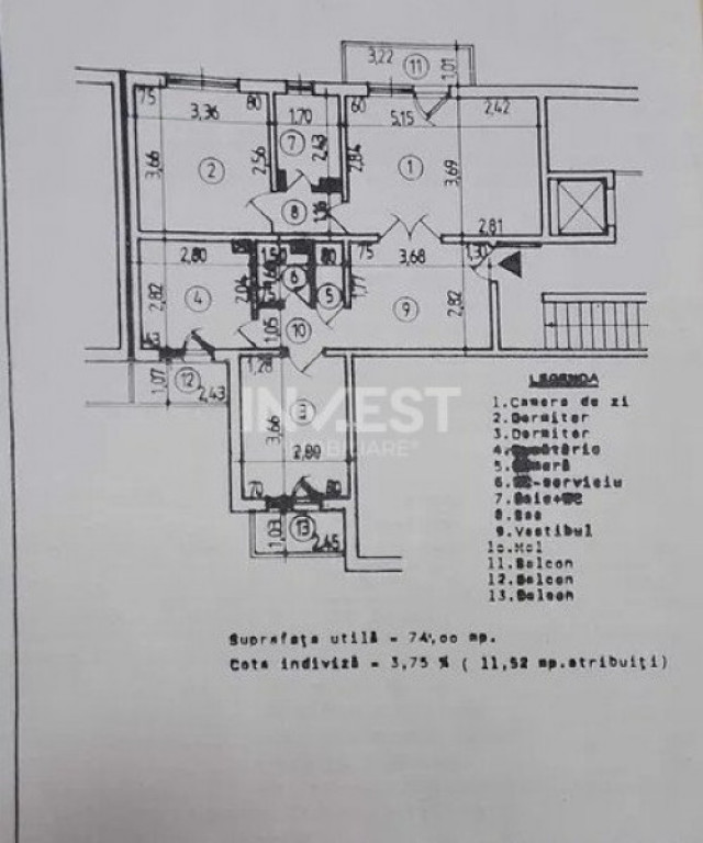 Zimbru- Apartament 3 camere,2 bai, 3 balcoane, etaj intermed