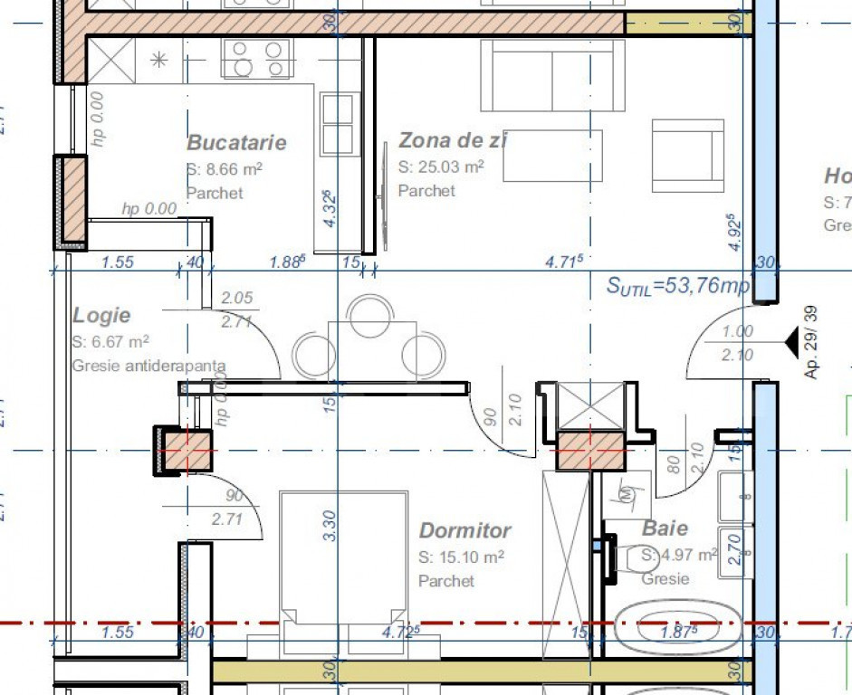 Apartament cu 2 camere, semidecomandat, 53 mp utili, logie 6