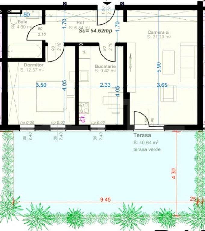 Apartament cu 2 camere, decomandat, 52 mp utili, gradina de