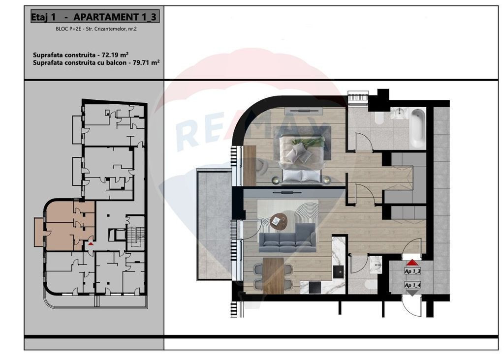 De Vânzare Apartament cu 2 camere în zona Palatului Baroc