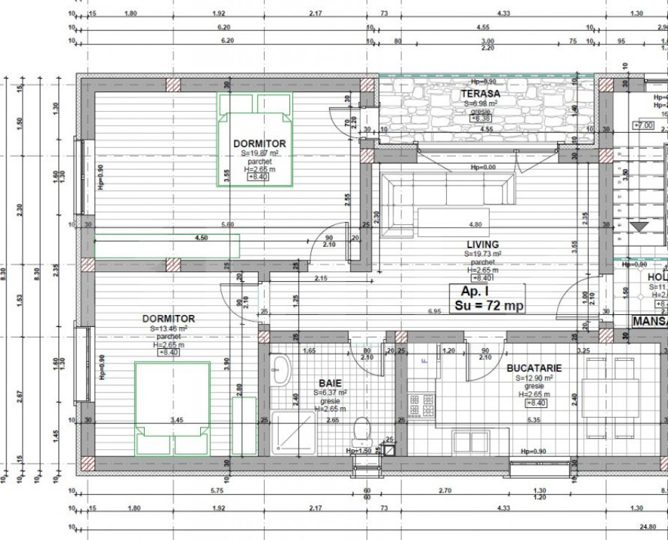 Apartament 72mp, semifinisat, cu 3 camere, balcon 7 mp, Apah