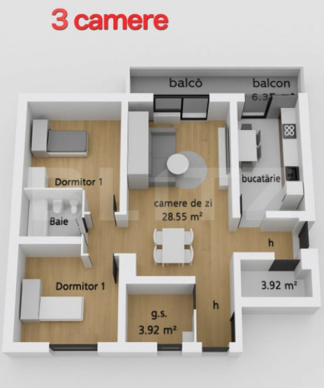 Apartament 3 camere , 2 baii, bloc nou