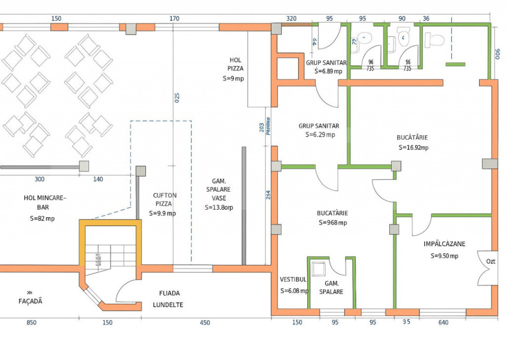 Spatiu comercial de inchiriat pentru PIZZERIE UTILAT 210mp+t