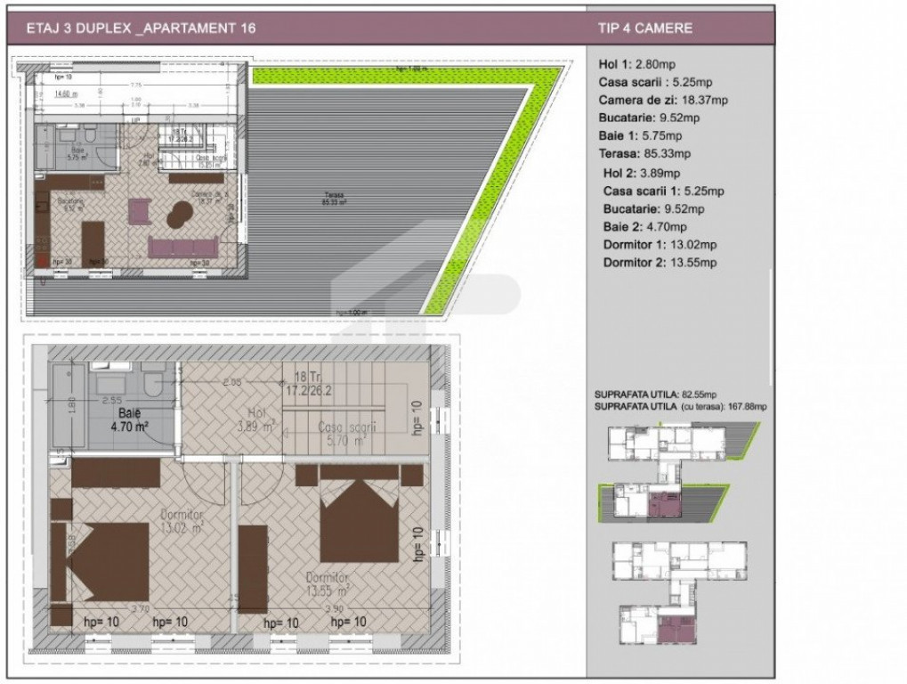 Duplex 3 camere cu terasa de 85mp in bloc nou, zona Nerva Tr