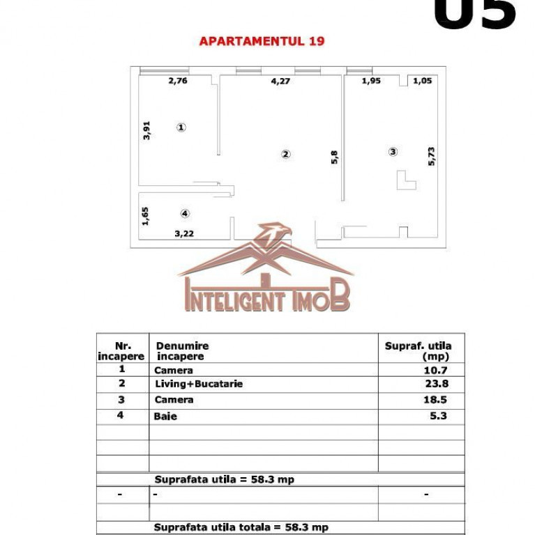 Apartament modern 3 camere de vânzare, 58.3mp utili, zon...