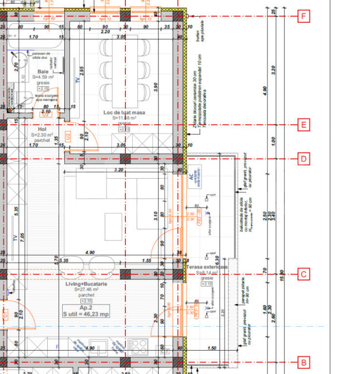 Apartament cu 2 camere, 46,23 mp + balcon 8,1 mp, zona Hotel