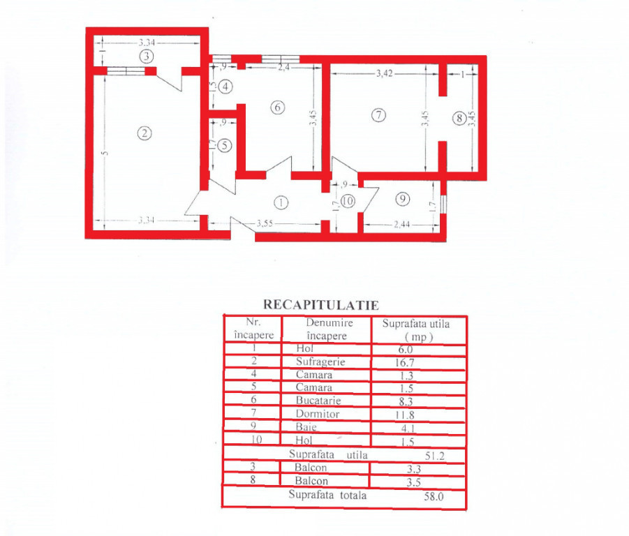 2 cam, etaj 2, 58 mp., decomandat, 2 balcoane, Cuza Voda