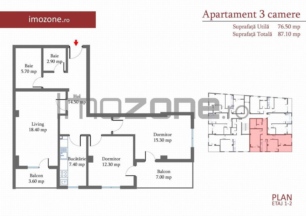 3 Camere, 86 mp, decomandat, 2 balcoane, zona de case, Mi...