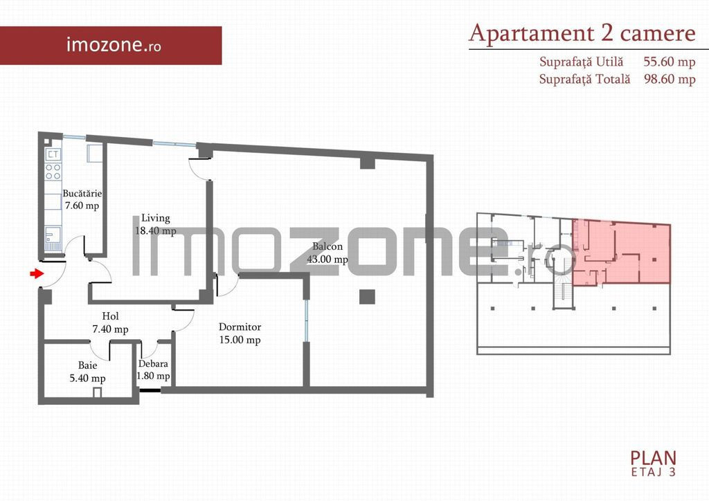 2 camere 55 mp+43 mp, etaj 3, decomandat, MILITARI-MARGEL...