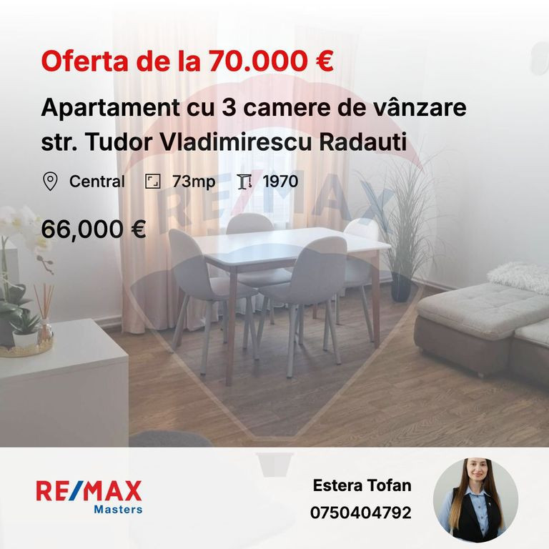 Apartament cu 3 camere de vânzare în zona Central Radauti