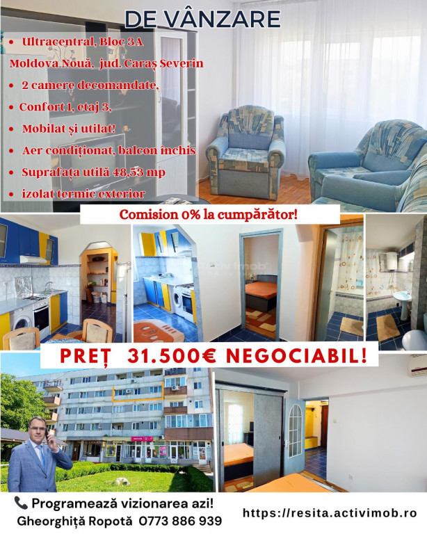 Apartament ultracentral in Moldova Noua, 2cam. decomandat