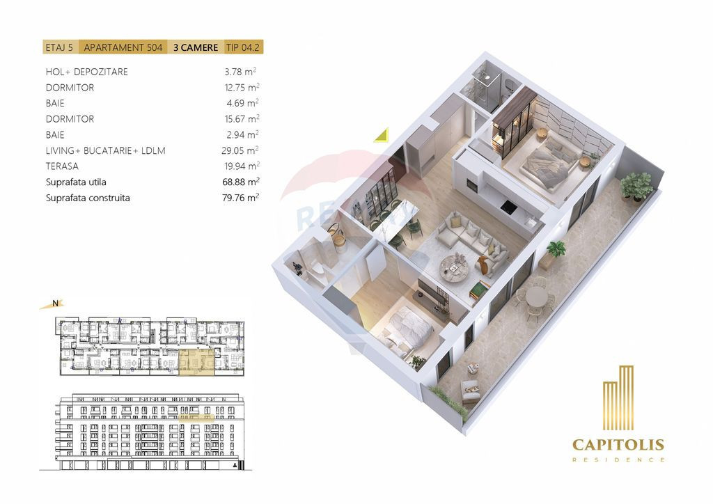 Apartament cu 3 camere, terasă 20 mp, etaj 5 Capitolis R...