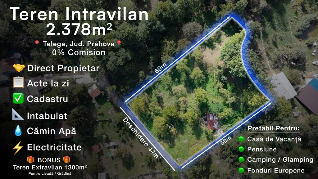 Teren intravilan 2378 mp + BONUS extravilan 1300 mp– Telega, Prahova