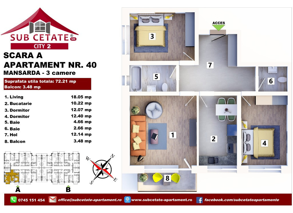 Apartament cu 3 camere decomandat 72 mp + balcon